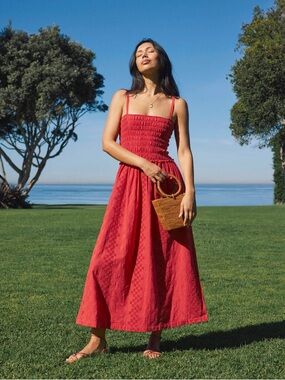 Kenzie Red Smocked Midi Sundress with Spaghetti Straps